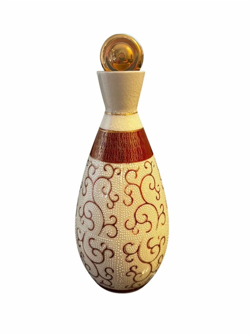 Vintage Japanese Porcelain Sake Bottle Decanter Gold Red Scroll Design 9”